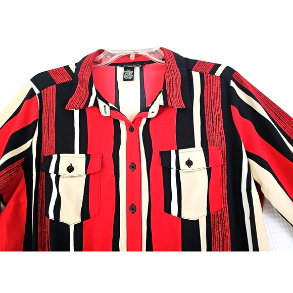 Millenium~Size XL~Red/Multicolor Striped Short Sleeve Button Dress Elastic Waist - Picture 6 of 13